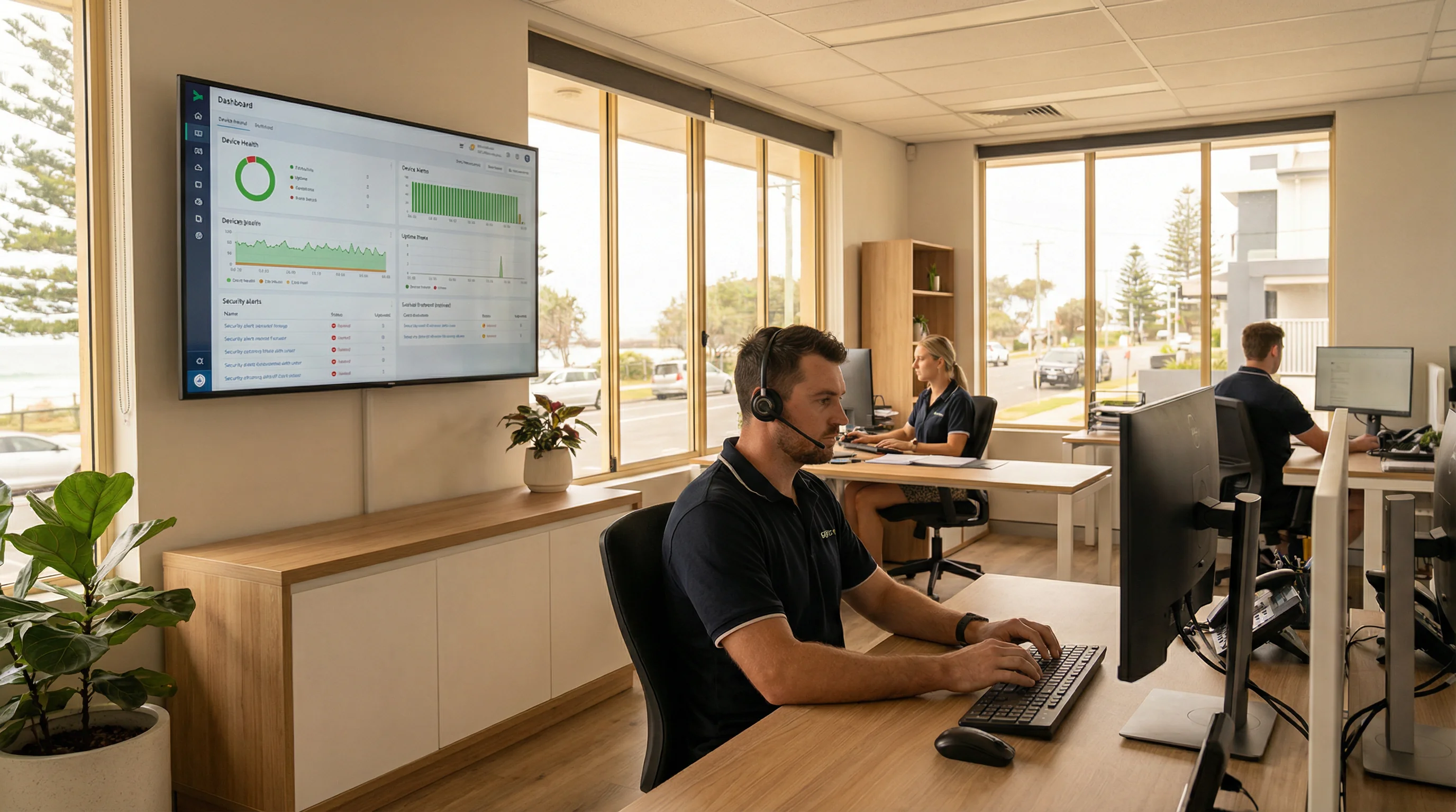 Monitoring dashboards used by bcom ICT to watch Gold Coast client systems around the clock